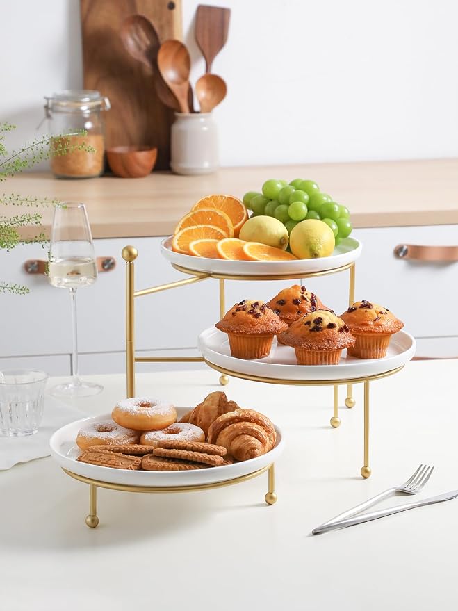 Kanwone 3 Tiered Serving Stand with White Porcelain Plates, 10" Round Tray, dessert table display set, Gold Metal Stand, Versatile & Durable