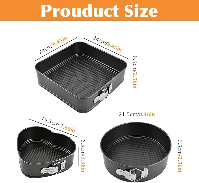 Springform Pan Set of 3 (7,8,9 Inch) - Round, Square and Heart Shaped Leakproof Cheesecake Pans with Removable Bottom, Nonstick Carbon Steel Cake Tin for Valentine‘s Day, Anniversary Baking