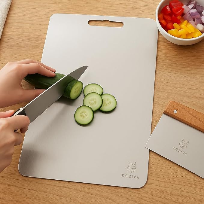 Stainless Steel Pastry Cutting Board 15x11 with Bench Scraper | Metal Dough Board for Kneading Bread & Baking – 304 Food-Grade Chopping Board, Dishwasher Safe, Knife-Friendly, Heavy Duty