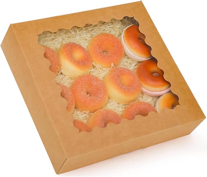qiqee Auto-pop Up 30pcs Pie Box With Window 9x9x2.5 Inch Donut Pastry Boxes Brown Bakery Box