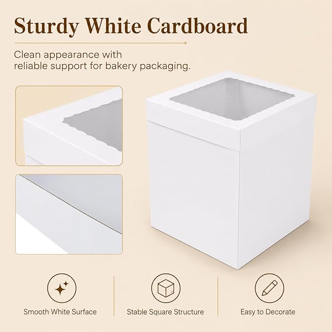 JCD White 10x10x12 Corrugated Tall Cake Boxes for 8in Multi-Layer Cakes | Thick corrugated boxes anti-collapse for long-distance delivery; 12in ultra height fits large cake toppers & flower decor