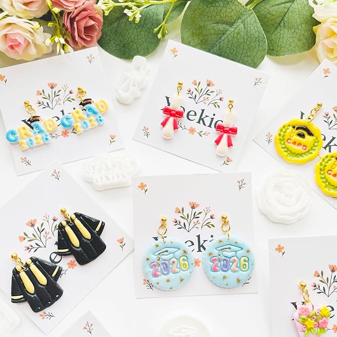 Graduation Polymer Clay Cutters & Stamps Set - 19pcs 0-9 Numbers, GARD/2026 Seals, Owl, Cap, Gown, Balloon for DIY Earring Jewelry, Soft Clay Crafts & Class Party Supplies