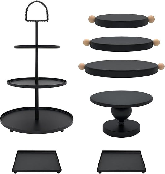 Set of 7 Black Cake Stands Metal Dessert Display Holder Round 3 Tier Cupcake Stand Serving Tray Platter Cake Pedestal Stand for Party Weddings Birthday Baby Showers Anniversary