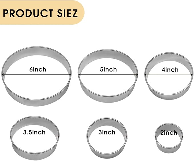 6 PCS Round Cookie Cutter Set, Stainless Steel Circle Biscuit Cutters for Baking (2/3/3.5/4/5/6 In)
