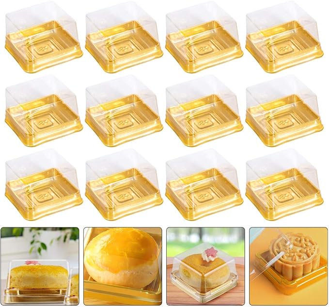 DOITOOL 100Pack Plastic Single Individual Cupcake Muffin Dome Holders, Moon Cake Box Stand, Mooncake Packaging Box with Covers, Cookies Muffins Dome Box Transparent Dessert Boxes- Golden ( 5. 7x5.