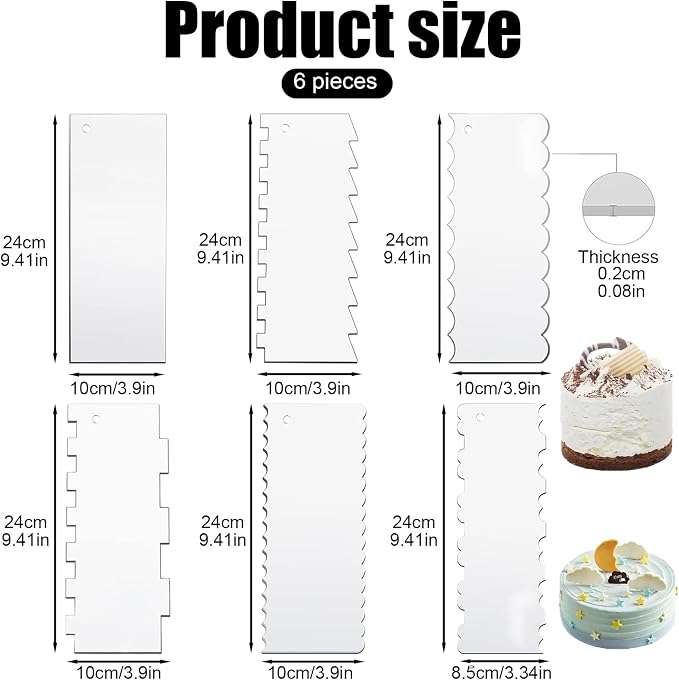 6 Pcs Acrylic Cake Scraper, 9.4 In Clear Cake Smoother Professional A Set DIY Cake Icing Frosting Buttercream Cream Decorating Comb for Pastry Cutter, Easy Cake Decor