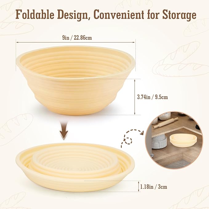 4PCS Silicone Banneton Bread Proofing Baskets, 9" Collapsible Round Sourdough Bread Baking Supplies, Non-Stick Dough Proofing Bowl Containers, Oven & Dishwasher Safe, BPA Free