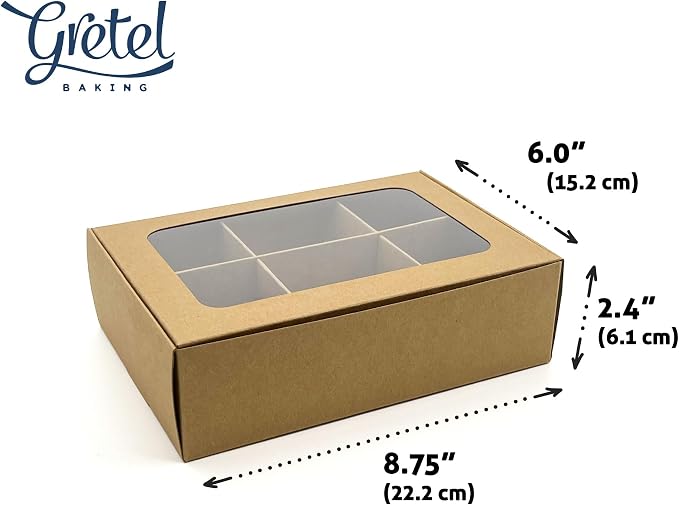 20pcs Kraft Treat Boxes with Window and Dividers | 6 MEDIUM compartments | 8.75 x 6 x 2.4 in | Valentine treat boxes, baked goods packaging, box for cookies, pastry packaging