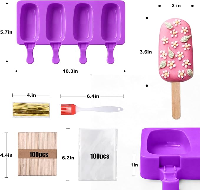 Juome Cake Pop Mold Kit, 2 Pack 8 Cavities Cakesicle Molds Silicone with 100 Wooden Sticks & 100 Packaging Bags with Ties, Cake Pop Maker Supplies Accessories, Baking Tools for Home Desserts (Purple)