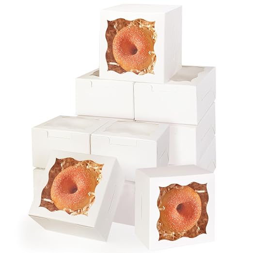 qiqee 200Pcs White Bakery Box with Window 4"x4"x2.5" Macaron Boxes Small Donut Pastry Boxes for Party Mini Cookie Boxes