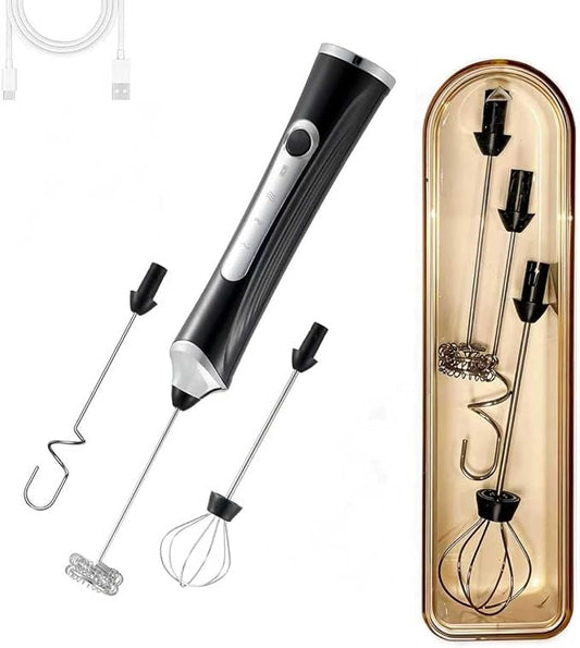 Handheld Electric Milk Frother with 3 Heads, Coffee Whisk Foam Mixer with USB Rechargeable 3 Speeds, Foam Maker Blender for Latte, Cappuccino, Hot Chocolate, Egg (Type 6)