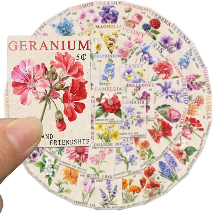 Vintage Flower Stamp Stickers,100pcs Aesthetic Retro Botanical Floral Decals Wildflower Junk Journal Scrapbook Stickers for Laptop Planner Notebook Crafts Cute Garden Flower Decor Sticker Gift