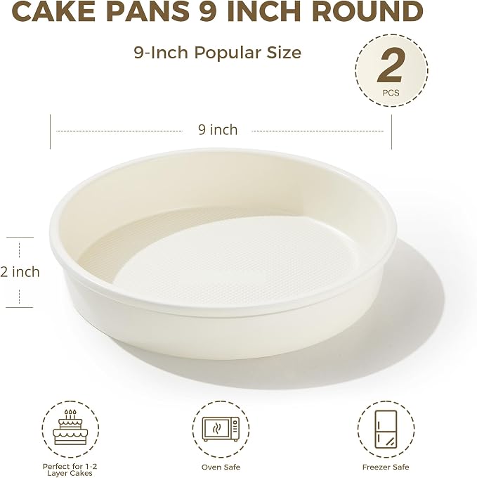 HONGBAKE Nonstick Ceramic 9 Inch Round Cake Pan Set of 2, Heavy-Duty Aluminized Steel Round Cake Pans with Diamond Texture, Non-Toxic Cake Molds, Cake Pans 9 Inch Round for Baking Cheesecake, Cream