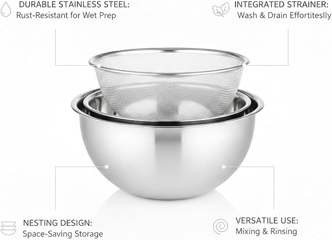 Stainless Steel Mixing Bowl Set with Nested Strainer, 2-in-1 Prep Basin for Washing, Draining, and Mixing