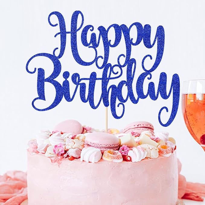 Happy Birthday Cake Topper- Glitter Happy Birthday Cake Decor, Handmade Anniversary/Birthday Party Supplies (Deep blue)