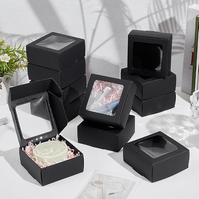 BENECREAT 30pcs Square Black Paper Boxes, Gift Boxes with Clear PVC Window for Wedding Gift, Chocolates, Cookies and Other Small Crafts, 3.6x3.6x1.6 Inch