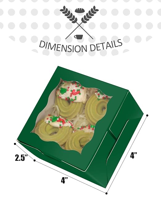 qiqee Deep Green Bakery Boxes with Window 55pcs 4x4x2.5 Mini Cookie Boxes Macaron Boxes Small Donut Pastry Boxes for Party