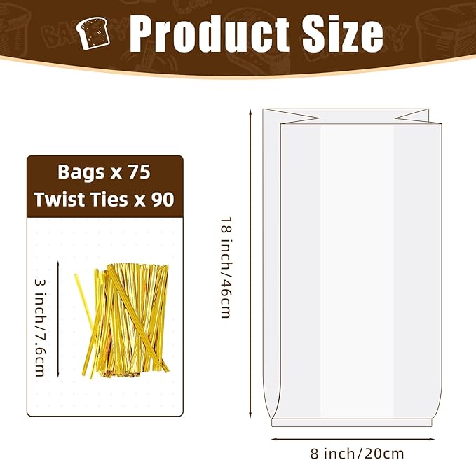 Homrelaxy 75Pcs Plastic Bread Bags for Homemade Bread and 90 Ties, 18 x 8 x 4 Inch Reusable Clear Loaf Bags, Adjustable, Perfect for Home Bakers and Bakeries