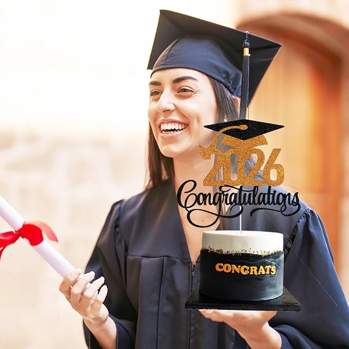 Glitter 2026 Congratulations Graduation Cake Topper,Congrats Grad Cake Decor - 2026 High School/College/Senior Graduation Party Decorations Supplies (2026Congratulations Black orange)