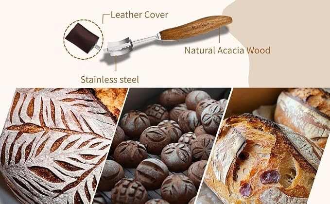 Rosewood Bread Lame for Sourdough Scoring, Ergonomic Curved Wood Handle Bread Slashing Tool with 304 Stainless Steel Stick, Includes Storage Box and 10 Replaceable Blades for Professional Bakers