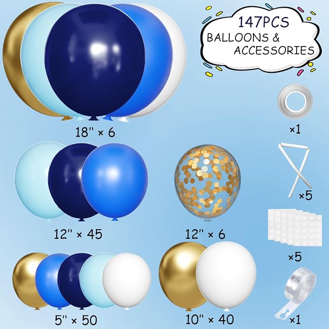 MEBAY Navy Blue White Gold Balloon Garland Arch Kit, 147PCS Royal Dark Pastel Blue White Gold Balloons with Confetti for Birthday Party Baby Shower Wedding Graduation Decorations