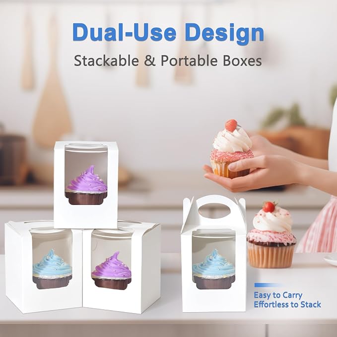 Cupcake Boxes 100 Pcs, Individual Cupcake Carrier White with Window Insert and Handle Pastry Containers Single Muffins Container for Bakery Wrapping Party Favor Packing
