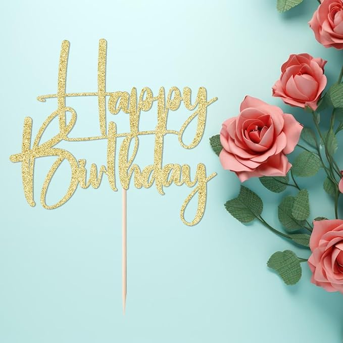 Gold Glitter Happy Birthday Cake Topper, Gold Glitter Happy Birthday Cake Bunting Deco, Baby Gender Reveal Party/Anniversary Party Decoration Supplies (Paper)