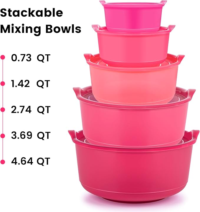 5PC Mixing Bowls Set with Lids | Ombre Pink BPA-Free Nesting Salad & Meal Prep Bowls for Mixing, Serving & Storage (0.74 QT - 4.65 QT) Dishwasher Safe (Lids Not Microwave-Safe)