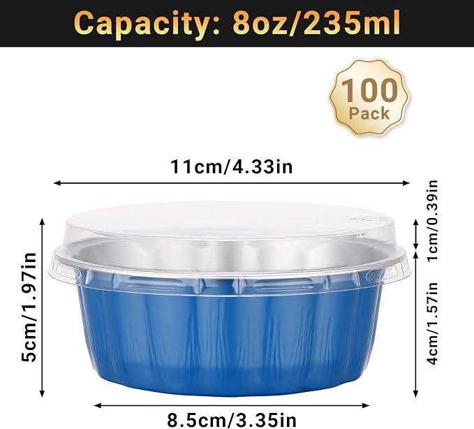 Beasea Disposable Ramekins 8oz, 100 Pack Aluminum Foil Baking Cups with Lids, Creme Brulee Muffin Cupcake Mini Pudding Disposable Baking Cups Tins for Party Wedding Birthday - Moon Blue