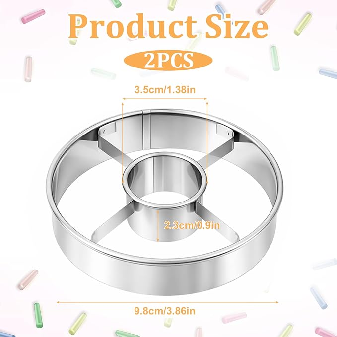 2 Pack Donut Cutter with Hole, 3.86 Inch Stainless Steel Bagel Mold Doughnut Cutters Donut Hole Cutter Baking Tool for Making Donuts, Bagels, Cookies, Biscuits