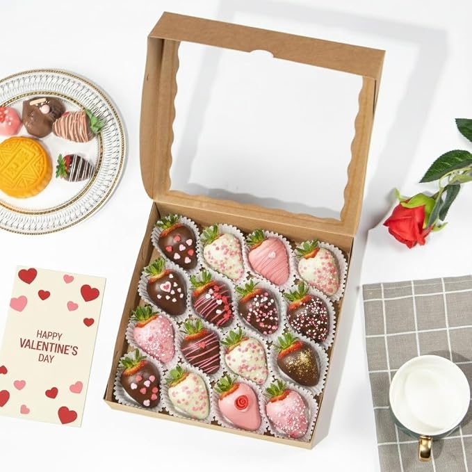 50PCS 9x9x2.5 Inches Brown Bakery Boxes with Window, Pastry Box for Chocolate Strawberries, Macarons, Truffles, Perfect for Thanksgiving Day, Mother's Day, Christmas Party Favors & Holiday
