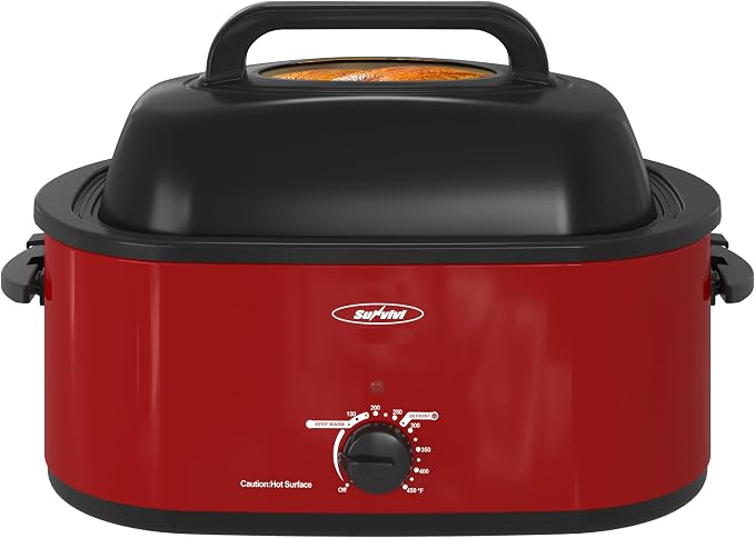 Sunvivi 30lb 26-Quart Roaster Oven, Electric Roaster Oven with Viewing Lid, Turkey Roaster with Unique Defrost/Warm Function, Large Roaster with Removable Pan & Rack, Stainless Steel, Red