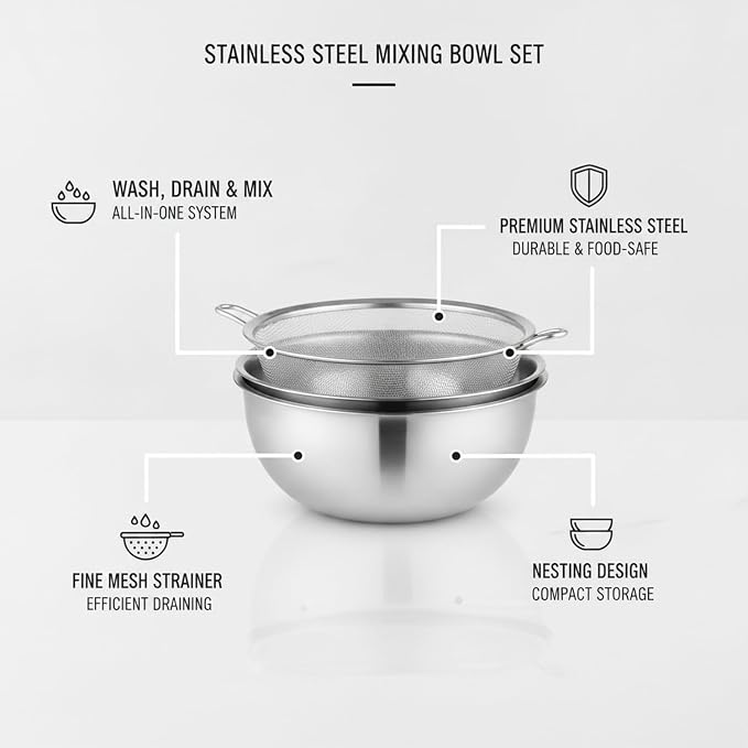 Stainless Steel Mixing Bowl Set with Nested Strainer for Washing, Draining, and Food Prep