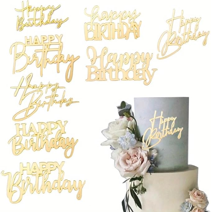 8 Styles 3.5 inch Acrylic Gold Happy Birthday Cake Topper Cake Decoration Party Supplies