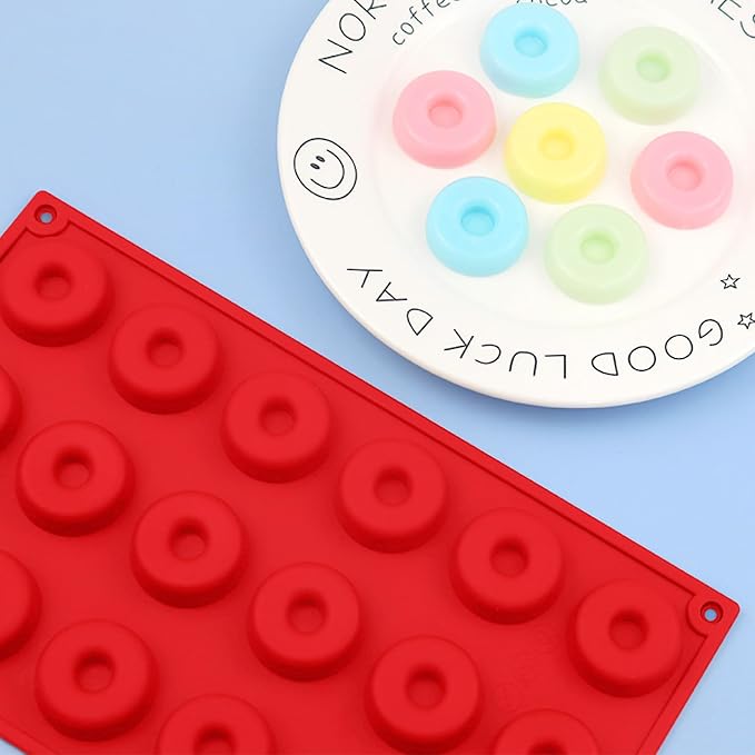 2er Pack Silicone Donut Mold - Non-Stick Silicone Doughnut Pan DIY Chocolate Baking Cookie Molds, Heat Resistant, Make Donut Cake Biscuit Bagels, BPA Free Dishwasher Safe (red, 18 Cavities)