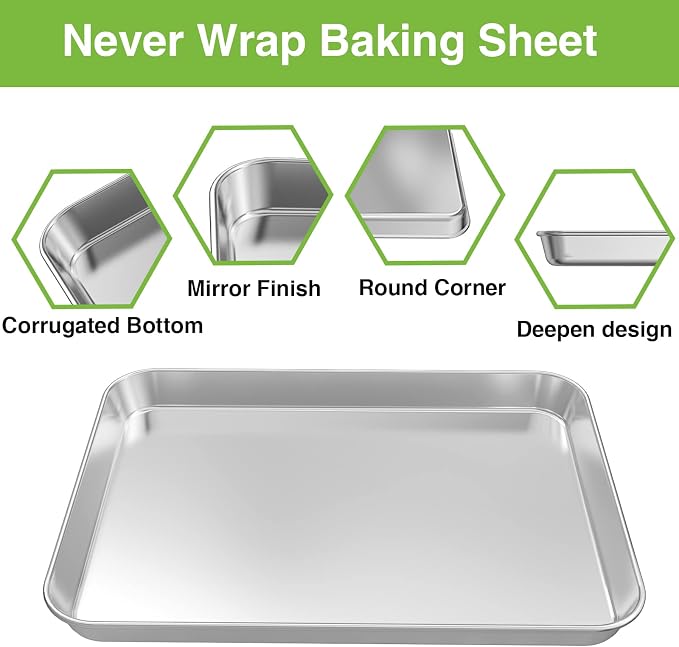 Stainless Steel Baking Pan, Large Cookie Sheet Set for Toaster Oven Tray Pans by Umite Chef, Superior Mirror Finish, Easy Clean, Dishwasher Safe, 12 x 10 x 1 inch, 3 Piece/set