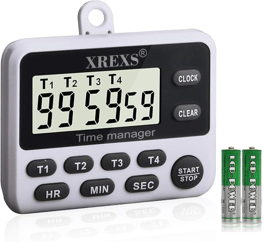 XREXS 4-Channel Digital Kitchen Timer Clock with Large LCD Display, 4 Groups Simultaneous Timing Countdown Up Pocket Timer, Magnetic Attachable (Battery Included)