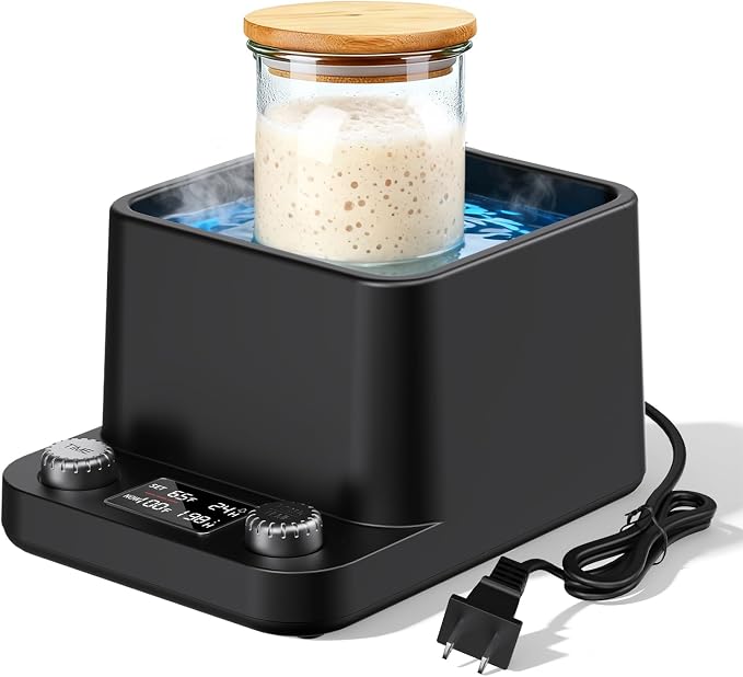 Sourdough Starter Warmer | Water Bath Precise 1°F Thermostat (70-104°F) Sourdough Warmer | For Jars Under 50oz |198-h Memory Timer |360° Uniform Heating |for Bread Baking,Yogurt & Kombucha(Black)