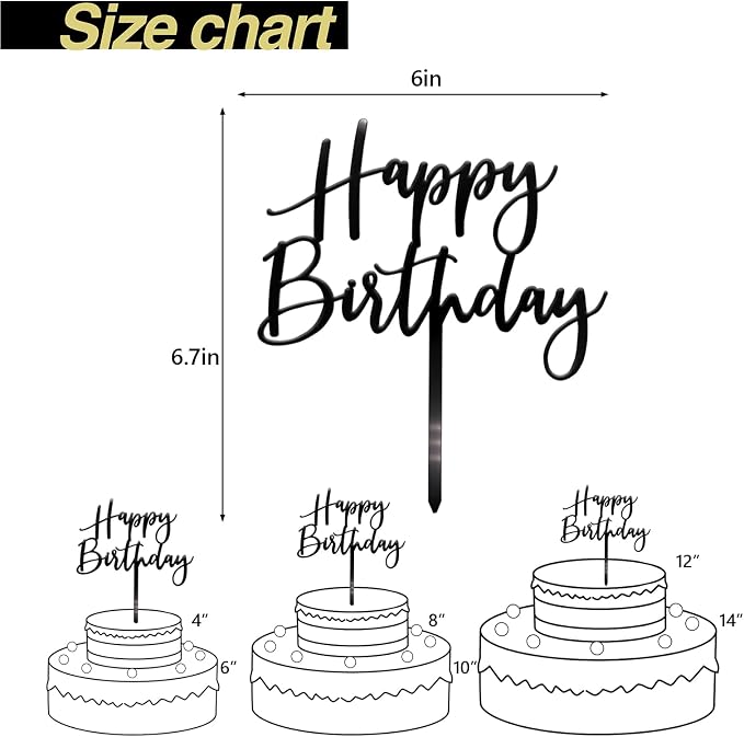 Happy Birthday Cake Topper, Black Acrylic Durable Versatile Cake Topper, Birthday Supplies Decorations (Black)