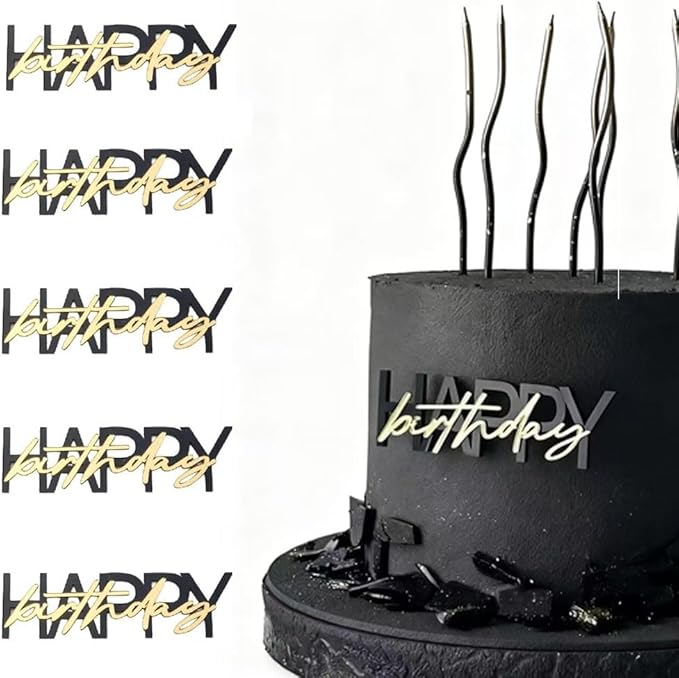 Happy Birthday Cake Topper, Black and Gold Mirror Acrylic, 3.54 x 0.98 Inches, 10 Pack DIY Party Cake Decorations