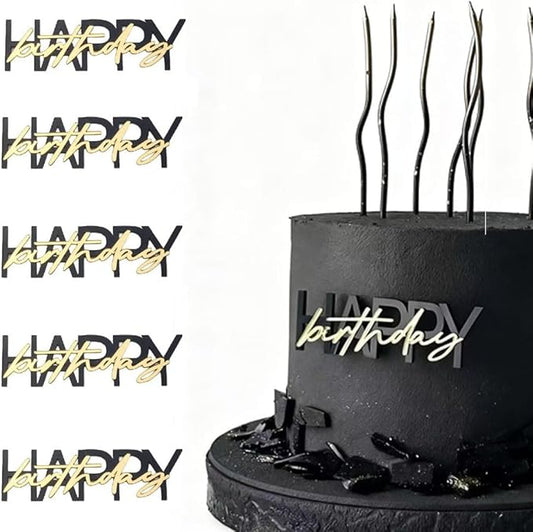 Happy Birthday Cake Topper, Black and Gold Mirror Acrylic, 3.54 x 0.98 Inches, 10 Pack DIY Party Cake Decorations