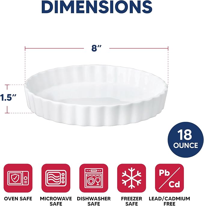 HIC Kitchen Round Quiche Dish, Fine Porcelain, 8-Inch