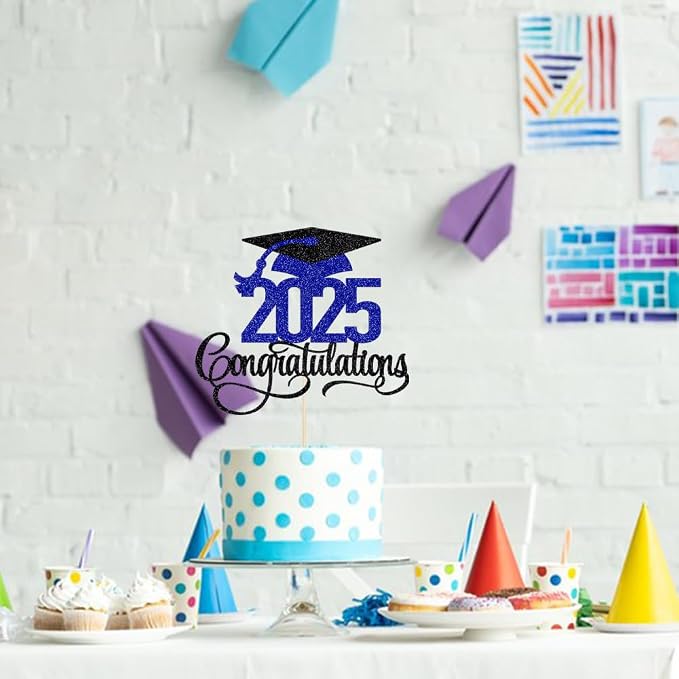 Black Gold Glitter 2025 Congratulations Graduation Cake Topper,Congrats Grad Cake Decor - 2025 High School/College/Senior Graduation Party Decorations Supplies (Dark blue)