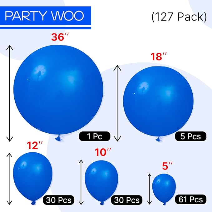 PartyWoo Royal Blue Balloons 127pcs Different Sizes Pack of 36 18 12 10 5 Inch Dark Blue Balloon Arch Kit for Baby Shower Gender Reveal Graduation Under The Sea Birthday Party Decorations Blue-Y5