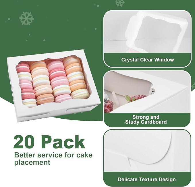 20pcs 8x6x2.5 Inch White Bakery Boxes Cookie Boxes with Window Treat Boxes Dessert Boxes for Cookie,Pastry,Macaron,Donut,Muffins,Chocolate,Cupcake and Candy Gift Giving