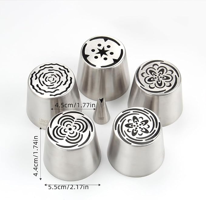 7 Pieces Stainless Steel Extra Large Russian Tulip Icing Tips Set, 5 XXL Russian Flower Piping Nozzles,1 Cleaning Brush,1 Small Leaf Tip for Cake Decorations,Flower Frosting Nozzles for Decorating