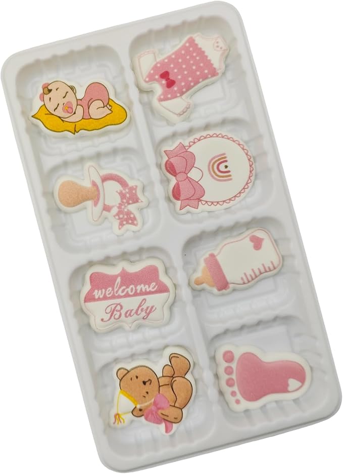 Edible 8 pieces Baby Shower for Baby Girl cake decorations, cupcake toppers, perfect Icing Cookies decro for Birthday Reveal party Team Dinner