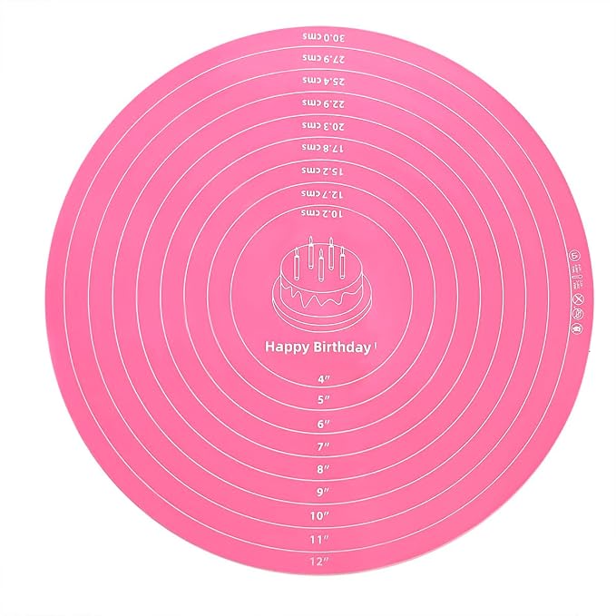 Silicone Cake Mat, 12 Inch Round Silicone Mat, Cake Mat with Measurements, Cake Turntable Mat, Reusable Cookie Mat for Rolling Dough, Non-Stick Heat Resistant, Pastry Baking Pad Pink
