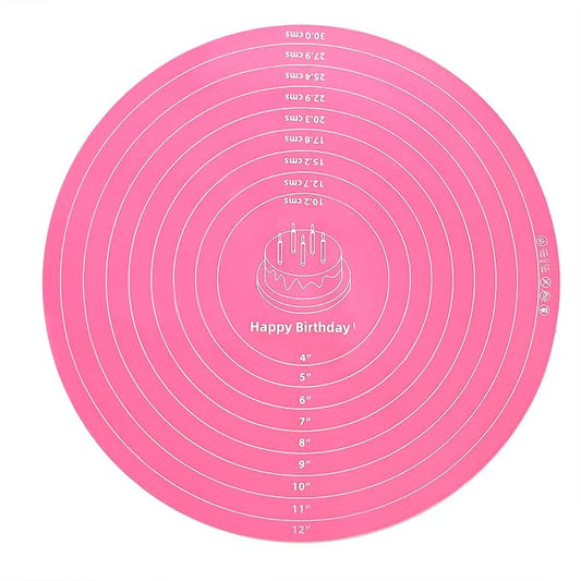 Silicone Cake Mat, 12 Inch Round Silicone Mat, Cake Mat with Measurements, Cake Turntable Mat, Reusable Cookie Mat for Rolling Dough, Non-Stick Heat Resistant, Pastry Baking Pad Pink