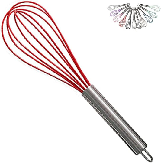 1-Piece Red Silicone Whisk with Stainless Steel Handle BRIIEC 10-inch Egg Beater Milk Beater Balloon Whisk Manual Baking Tool for Blending Stirring Whisking and Beating